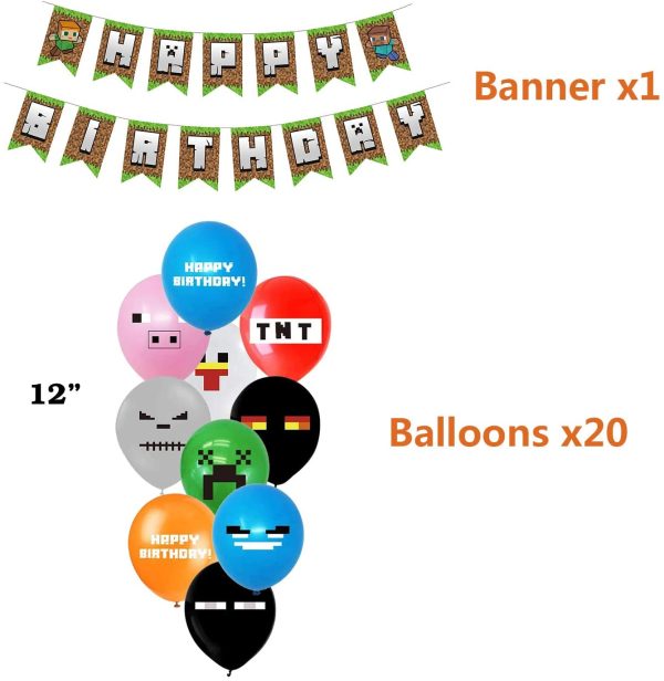 Pixel Style Gamer Party Supplies, Miner Theme Birthday Party Favors and Decors Set Includes 1 Banner, 20 Balloons, 24 Cupcake Toppers, 24 Wrappers, 18 Bracelets - Image 2