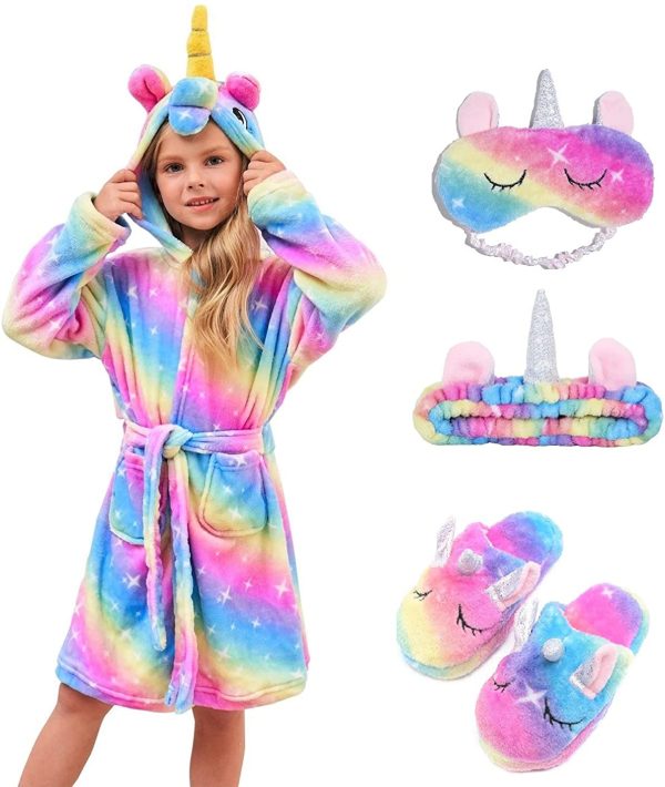 Soft Unicorn Hooded Robe with Matching Slippers Headband and Blindfold for Girls - Image 3