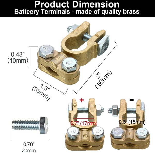 Heavy Duty Brass Battery Terminals Connectors Clamps, Battery Quick Release Connectors, Positive & Negative Copper Battery Cable Terminals Disconnect Top Post Clamp Truck Van Marine Boat(1 Pair) - Image 5