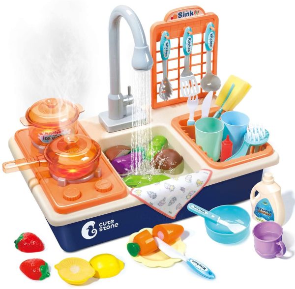 CUTE STONE Kitchen Sink Toys, Pretend Play Sink with Play Cooking Stove, Realistic Spray Pot and Pan with Light and Sound, Play Cut Food & Dish Rack, Tableware Utensils Accessories for Kids Toddlers