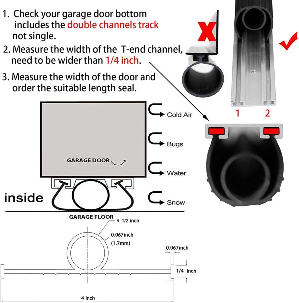 BOWSEN Garage Door Seals Bottom Weatherproof Weatherstrip Rubber Replacement Black 1/4 Inch T-End,10ft Long - Image 2