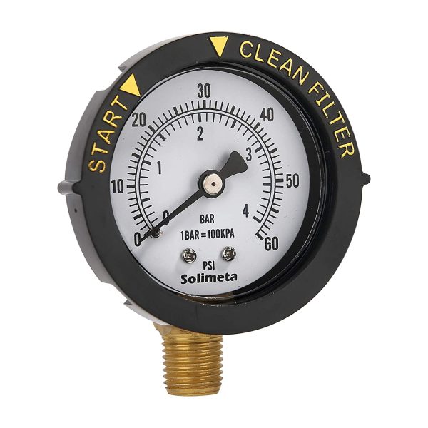 Solimeta 2" Start and Clean Filter Pressure Gauge, 0-60 psi, Steel Case Lower Mount