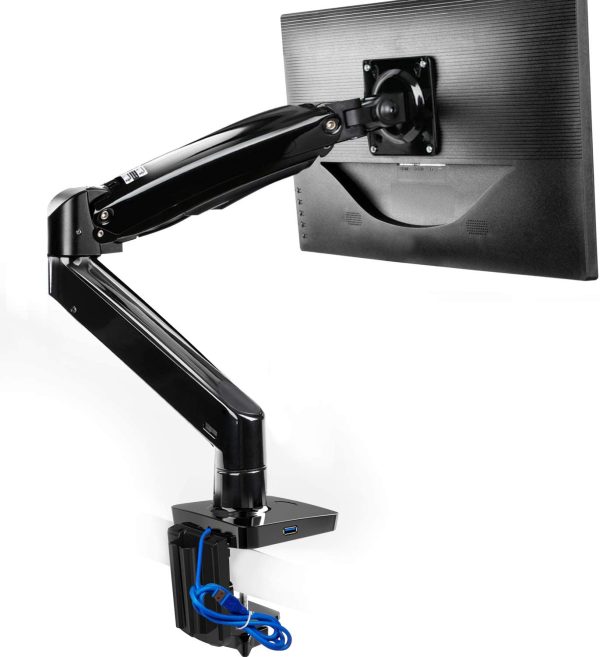 Single Monitor Mount Stand - Long Single Arm Gas Spring Monitor Desk Mount for 22 to 35 Inch Computer Screens Height Adjustable VESA Bracket with Clamp or Grommet Mounting Base - Holds 6.6 to 26.4 lbs