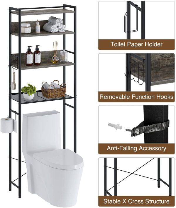 Rolanstar Bathroom Space Saver, 4-Tier Over The Toilet Storage Rack with Toilet Paper Holder, Wooden Freestanding Bathroom Organizer with 4Hooks, Multifunctional Bathroom Toilet Rack,Gray - Image 7