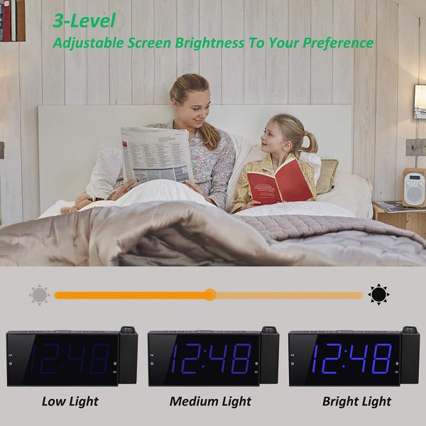 Projection Alarm Clock for Bedroom with USB Charger, 5-Level Dimmer, 2 Alarms, 5-level Adjustable Volume, 7" Large Screen, 9 Minutes Snooze, Battery Backup Setting, 180° Ceiling Digital Alarm Clock for Nightstand, Kids, Senior, Heavy Sleepers - Image 4