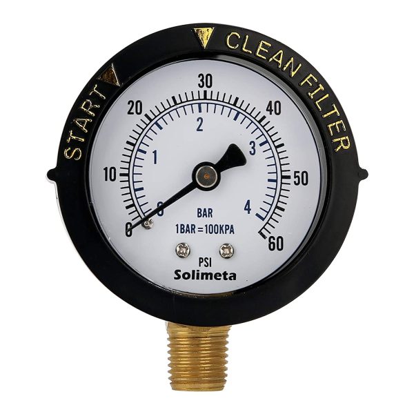 Solimeta 2" Start and Clean Filter Pressure Gauge, 0-60 psi, Steel Case Lower Mount - Image 4