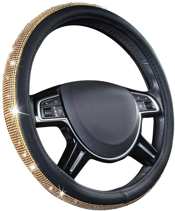 CAR PASS Glorious Rhinestones Leather Universal Steering Wheel Cover, Fit for Suvs,Vans,sedans,Cars,Trucks (Golden) - Image 2