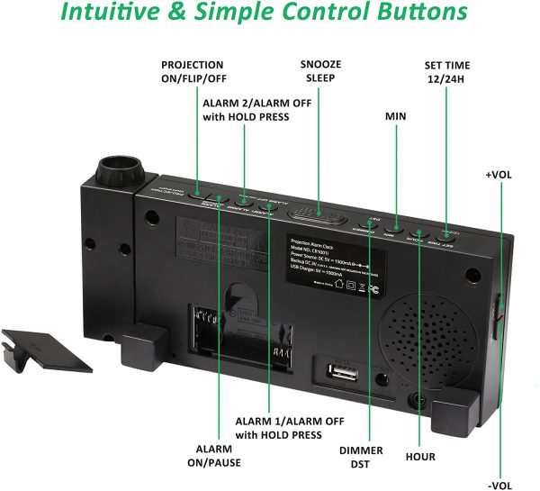 Projection Alarm Clock for Bedroom with USB Charger, 5-Level Dimmer, 2 Alarms, 5-level Adjustable Volume, 7" Large Screen, 9 Minutes Snooze, Battery Backup Setting, 180° Ceiling Digital Alarm Clock for Nightstand, Kids, Senior, Heavy Sleepers