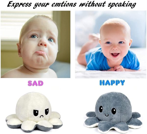 Octopus Reversible Plushie Cute Octopus Baby Creative for Anxiety Relief Reversible Octopus Plush Cute Soft Stuffed Animal Doll as Gift for Kids Mood Octopus (White & Grey) - Image 6