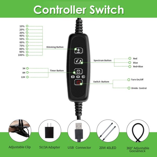 Likesuns Led Grow Light for Indoor Plants, Dual Head 40 LED 10 Dimmable Levels Timing Function 3/9/12H, Full Spectrum Plant Grow Lamp for Seedling, 3 Switch Modes 360?? Adjustable Gooseneck - 20W - Image 4