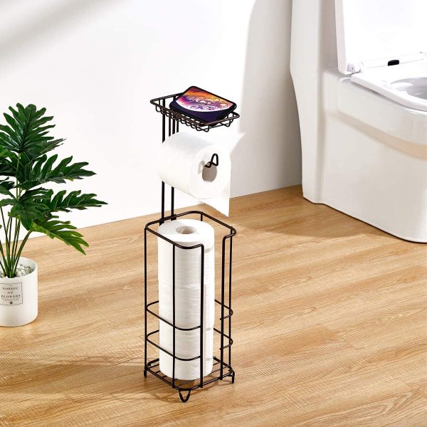 zccz Toilet Paper Holder Stand, Free Standing Bathroom Toilet Tissue Holder Stand Toilet Roll Holder Stand Toilet Paper Storage Dispenser with Shelf for Cell Phones, Wipe, Wallet and More, Brown