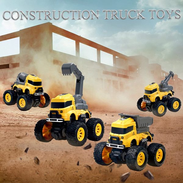 Construction Monster Truck Toys - 4pcs Excavator, Mixer, Crane, Dump Trucks Toy | Push and Go Friction Powered Cars Stunt Vehicles Playset | Kids Birthday Party Favors Gifts for 3+ Year Old Boys Girls - Image 5