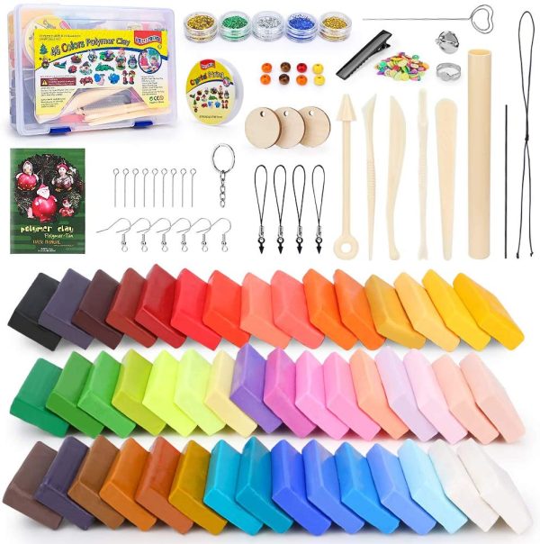 Polymer Clay Starter Kit, 46 Colors Oven Bake Clay, DIY Modeling Clay Bockers, 5 Scuplting Tools, 5 Colors Mica Powder, 40 Jewelry Accessories for Kids and Adult