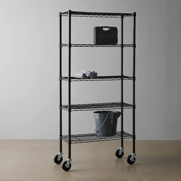 Amazon Basics 5-Shelf Adjustable, Heavy Duty Storage Shelving Unit on 4'' Wheel Casters, Metal Organizer Wire Rack, Black (30L x 14W x 64.75H) - Image 3