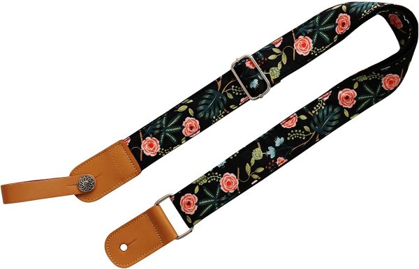 MUSIC FIRST Original Design “Dark Night Garden??Soft Muslin & Genuine Leather Ukulele Strap Ukulele Shoulder Strap With a MUSIC FIRST Genuine Leather Strap Locker