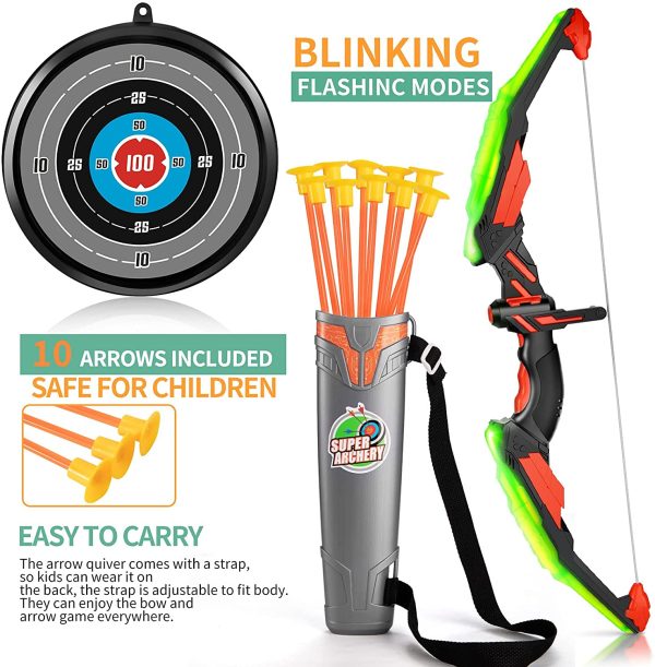 TMEI Bow and Arrow Set for Kids - Archery Toy Set - LED Light Up with 10 Suction Cup Arrows, Target & Quiver, Indoor and Outdoor Toys for Children Boys Girls(Green) - Image 3