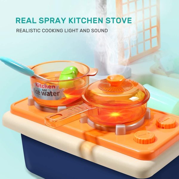 CUTE STONE Kitchen Sink Toys, Pretend Play Sink with Play Cooking Stove, Realistic Spray Pot and Pan with Light and Sound, Play Cut Food & Dish Rack, Tableware Utensils Accessories for Kids Toddlers - Image 8