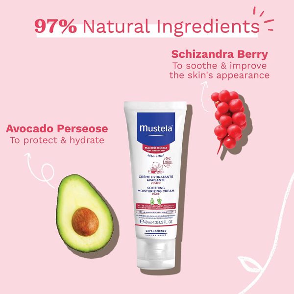 Mustela Soothing Moisturizing Baby Face Cream with Natural Avocado Perseose for Very Sensitive Skin, Fragrance-Free, 1.35 fl. Oz.