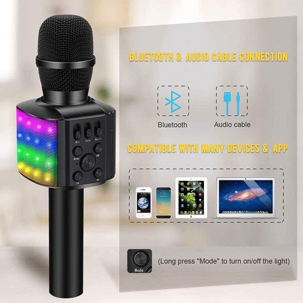 BONAOK Wireless Bluetooth Karaoke Microphone with controllable LED Lights, 4 in 1 Portable Karaoke Machine Mic Speaker Birthday Home Party for All Smartphones PC(Q36 Black) - Image 3