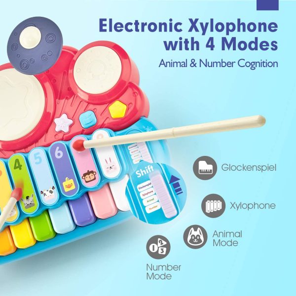 CubicFun 5 in 1 Kids Piano Drum Set, Musical Toddler Toys for 1 2 3 Year Old Boys Girls, Electronic Keyboard Xylophone Set Baby Toys 12-18 Months Development for 18 Months+