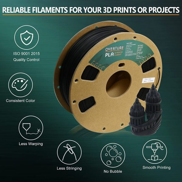 OVERTURE PLA Filament 1.75mm 3D Printer Consumables, 1kg Spool (2.2lbs), Dimensional Accuracy +/- 0.03 mm, Fit Most FDM Printer (Black)