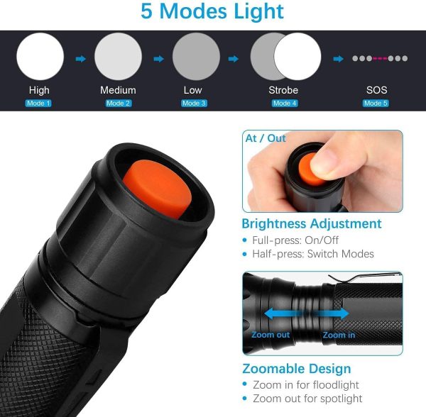 Tactical Flashlight,  High-Powered LED Flashlights, Portable, Zoomable, 5 Modes, Water Resistant, Perfect for Camping, Outdoor, Emergency (2 Pack) - Image 4