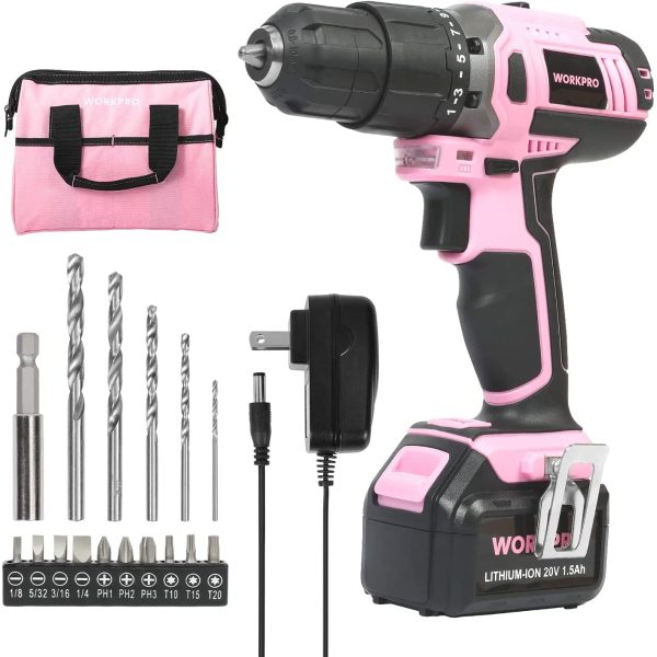 WORKPRO Pink Cordless 20V Lithium-ion Drill Driver Set (1.5Ah),1 Battery, Charger and Storage Bag Included - Image 7