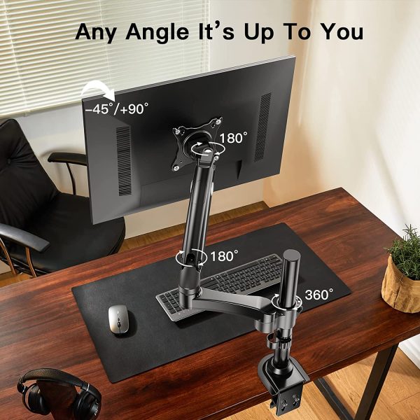 Single Monitor Stand - Gas Spring Single Arm Monitor Desk Mount Fit 17 to 32 inch Screens, Height Adjustable VESA Bracket with Clamp, Grommet Mounting Base, Hold up to 19.8lbs - Image 5