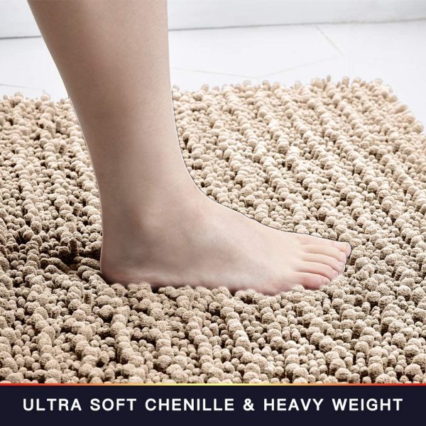 Bathroom Rug Non Slip Bath Mat (17x24 Inch Beige) Water Absorbent Super Soft Shaggy Chenille Machine Washable Dry Extra Thick Perfect Absorbant Best Small Plush Carpet for Shower Floor - Image 5