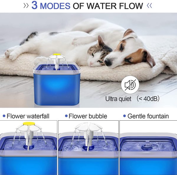 Cat Water Fountain, OWZ Pet Fountain Ultra-Quiet, 2.0L Cat Drinking Fountain with LED Light, Pet Water Fountain for Cats and Dogs, 2 Replacement Filters (Blue) - Image 2