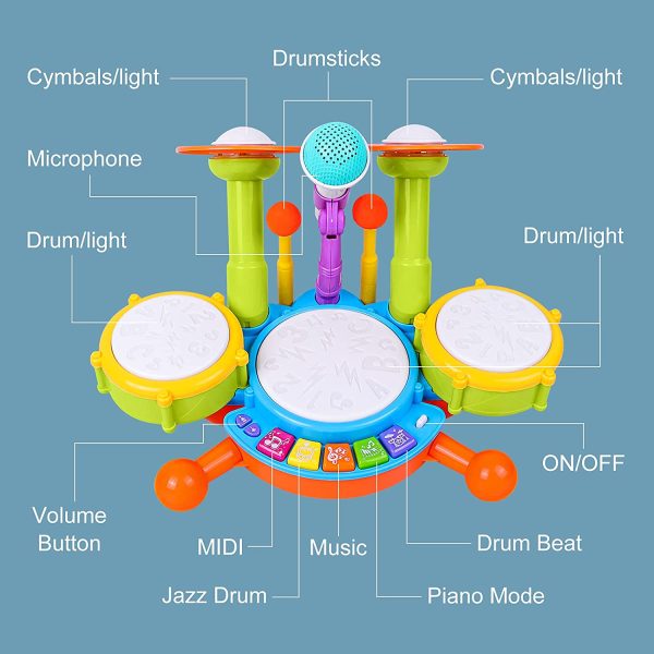 Kids Drum Set, Rabing Electric Musical Instruments Toys with 2 Drum Sticks, Beats Flash Light and Adjustable Microphone, Birthday Gift for 1-12 Years Old Boys and Girls - Image 8