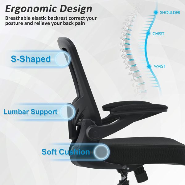 Office Chair,  Ergonomic Desk Chair with Adjustable Height Lumbar Support and Computer Chair with Wheels and Flip-up Arms, Swivel Task Chair, Adjustable Height Home Gaming Chair (Black, 9058) - Image 2