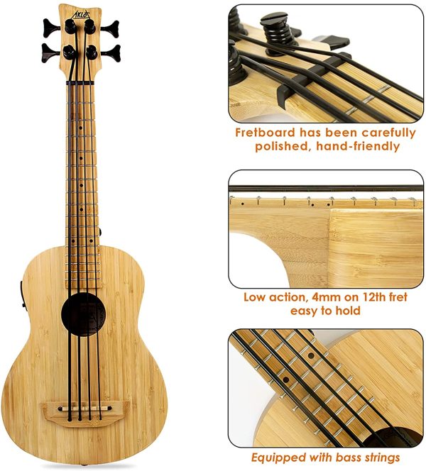 AKLOT Bass Ukulele Bamboo Electric Bass Baritone 30" Ukulele Solid Wood with Gig Bag Tuning Wrench Humidifier