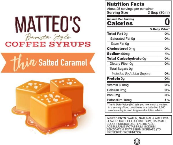 Matteo's Sugar Free Coffee Flavoring Syrup, Salted Caramel, Delicious Coffee Syrup, 0 Calorie, 0 Sugar Coffee Syrups, Keto Friendly, 25.4 Fl Oz