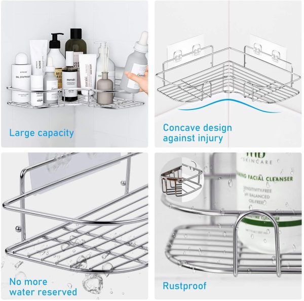 Adhesive Bathroom Shelf, Metal Shower Caddy Corner Shelf Wall Mounted, Non-Drilling Floating Shelf for Bathroom Organizer/Shower Organizer/Kitchen (2 pack-silver) - Image 4