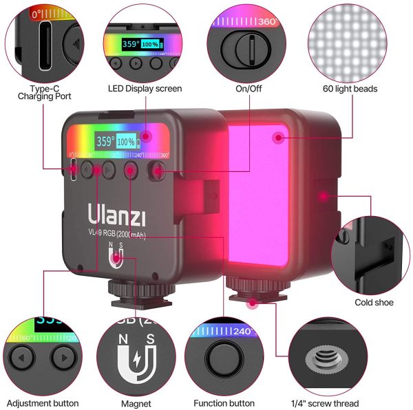 ULANZI VL49 RGB Video Lights, LED Camera Light 360?? Full Color Portable Photography Lighting w 3 Cold Shoe, 2000mAh Rechargeable CRI 95+ 2500-9000K Dimmable Panel Lamp Support Magnetic Attraction - Image 5