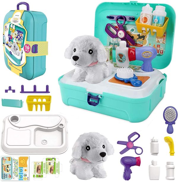 TEUVO Pet Care Play Set Pretend Play Vet Kit for Kids, 16Pcs Doctor Pretend Play Vet Dog Grooming Toys Puppy Dog Carrier Feeding Dog Educational Backpack Gifts for Girls Boys 3-7 Years Old - Image 4