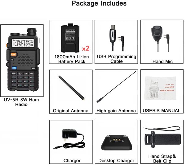 UV-5R 8W Long Range Handheld Ham Radio More 1800mAh Battery,Speaker MIC,High gain Antenna,and USB Programming Cable - Image 5