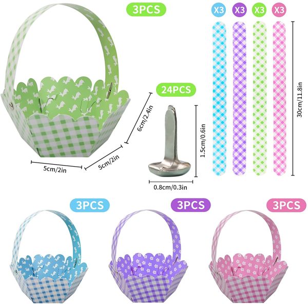 Dekewe Easter Basket Easter Eggs Hunt Basket Bunny and Eggs Happy Easter Mini Paper Baskets with Handle for Kids Easter Party decorations (12 pcs)