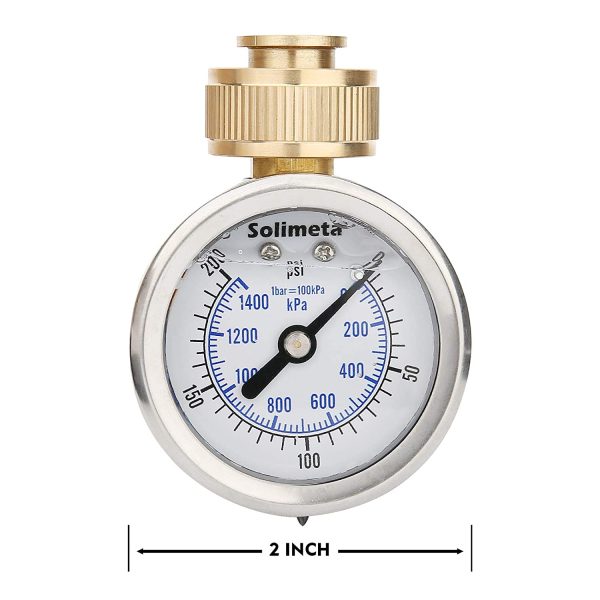 Solimeta 2" Glycerine Filled Stainless Steel Water Pressure Test Gauge, 0-200 psi/kpa, 3/4" Female Hose Thread - Image 7