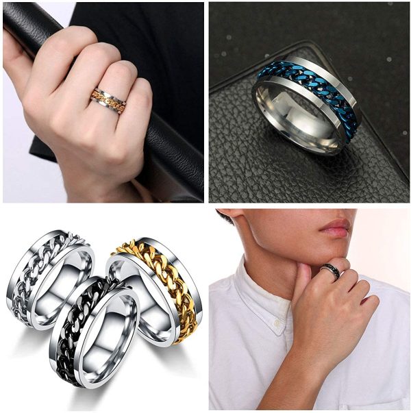 yfstyle 4PCS Plain Band Rings for Men Stainless Steel Rings for Men Wedding Ring Cool Spinner Rings for Men Black Stainless Steel Ring Set Anxiety Ring Fidget Size 6-12 - Image 7