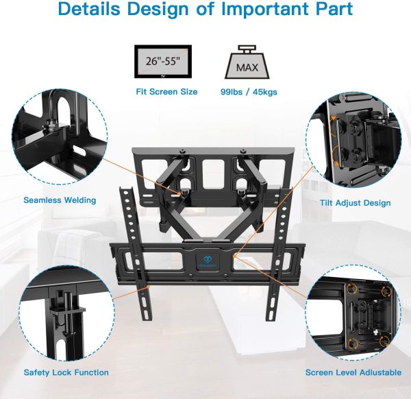 TV Wall Mount Bracket Full Motion Dual Swivel Articulating Arms Extension Tilt Rotation, Fits Most 26-55 Inch LED, LCD, OLED Flat&Curved TVs, Max VESA 400x400mm and Holds up to 99lbs - Image 7