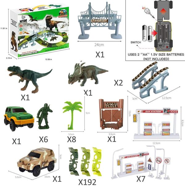 WTOR Toys 221Pcs Dinosaur Toys Race Track Car Boys Toys Set with Dinosaur Race Cars Bridge for Kids Boys Girls Aged 3 4 5 6 7 8 Christmas Birthday Gifts - Image 5