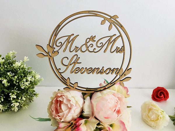 Personalized Wedding Laurel Wreath Cake Topper Circle Last Name Cake Decorations Family Name Mr and Mrs Custom Monogram Round Cake Toppers on Sticks Wood Rustic Acrylic Decor Bride Groom Centerpieces - Image 5