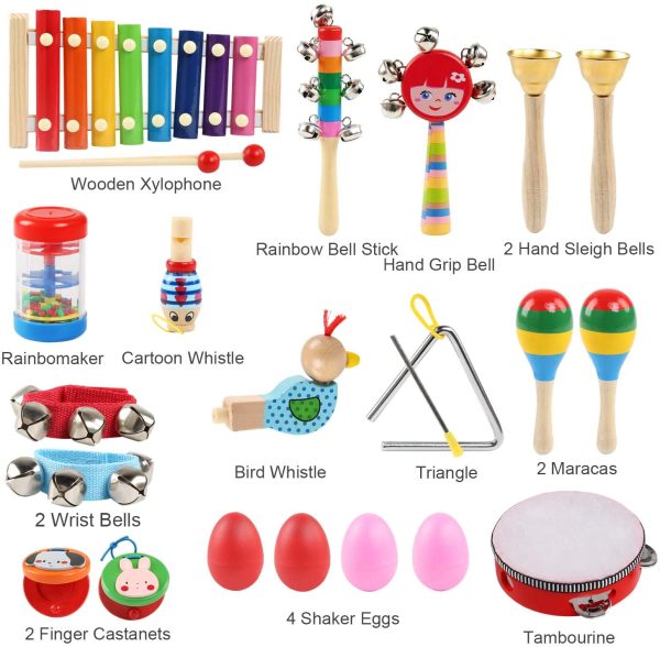 LEADSTAR Musical Instrument Toys, 24 Pcs 13 Types Wooden Musical Toys Wooden Percussion Instrument Tambourine Xylophone Toys for Kids, Preschool Educational Learning Musical Toys for Boys Girls with Cute Storage Bag - Image 2