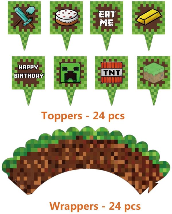 Pixel Style Gamer Party Supplies, Miner Theme Birthday Party Favors and Decors Set Includes 1 Banner, 20 Balloons, 24 Cupcake Toppers, 24 Wrappers, 18 Bracelets - Image 3