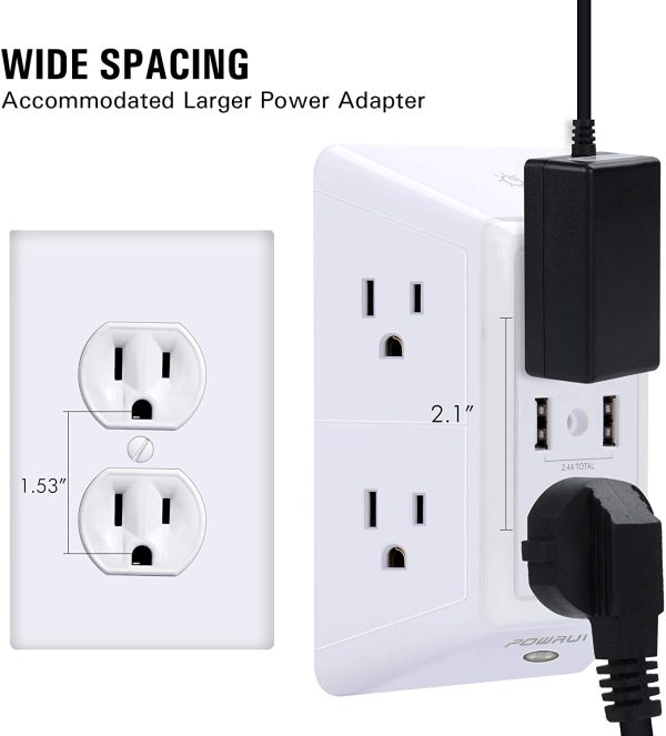 USB Wall Charger, Surge Protector,  6-Outlet Extender with 2 USB Charging Ports (2.4A Total) and Night Light, 3-Sided Power Strip with Adapter Spaced Outlets - White,ETL Certified - Image 5