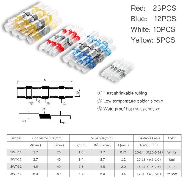 50PCS Solder Seal Wire Connectors, Heat Shrink Butt Connector Solder Sleeve Waterproof Insulated Electrical Butt Splice Wire Terminals for Marine Automotive Boat Truck Wire Joint - Image 3