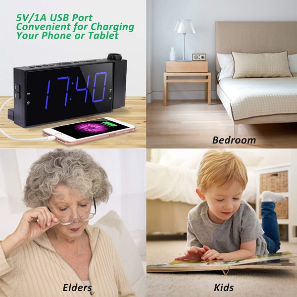 Projection Alarm Clock for Bedroom with USB Charger, 5-Level Dimmer, 2 Alarms, 5-level Adjustable Volume, 7" Large Screen, 9 Minutes Snooze, Battery Backup Setting, 180° Ceiling Digital Alarm Clock for Nightstand, Kids, Senior, Heavy Sleepers - Image 6