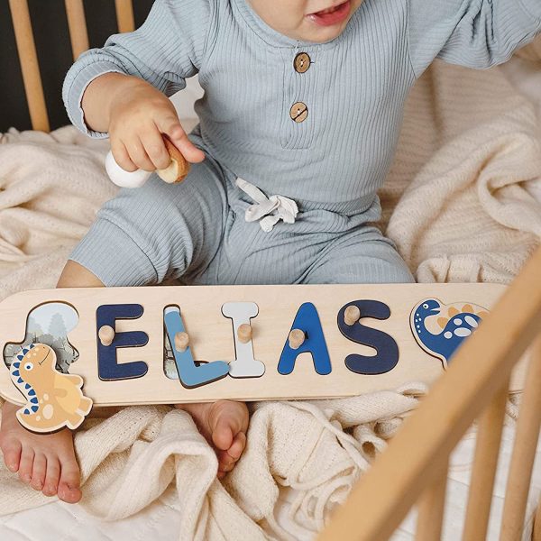 Baby Personalized Wood Name Puzzle With Custom Design - Toddler Name Puzzle For Girls & Boys - Montessori Toys Nursery D??cor - Name Sign 1st Birthday Gift for Baby (White, Boy Dino) - Image 5